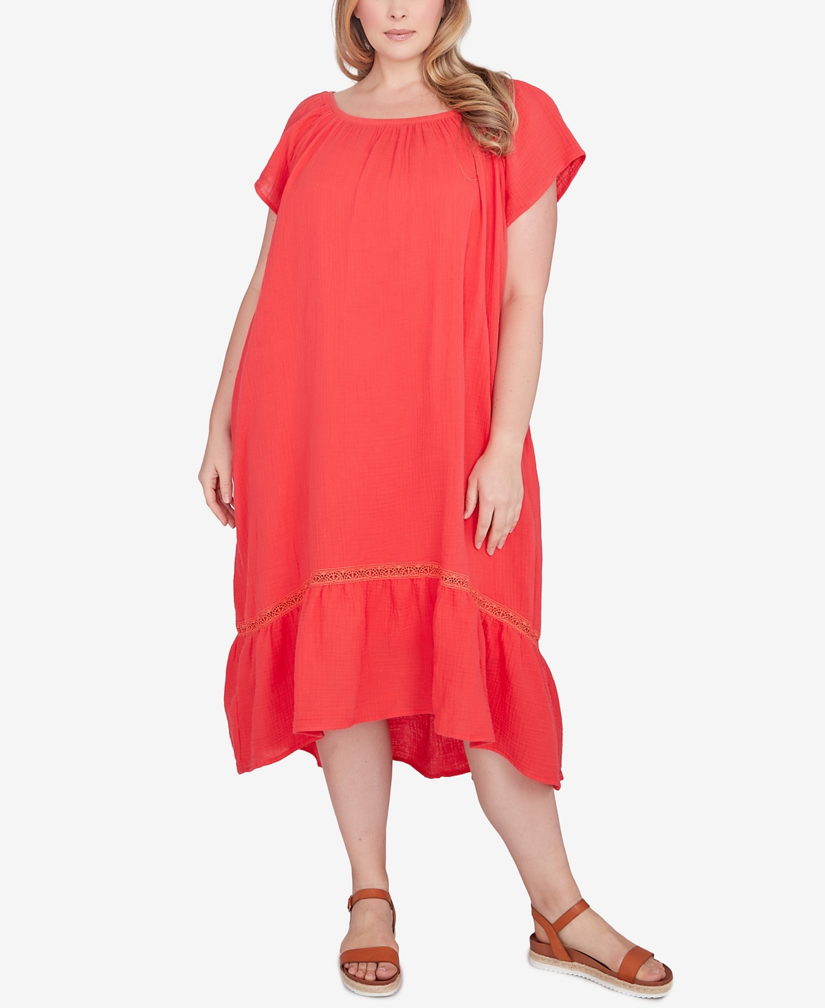 Ruby Rd. Plus Size Gauze High/low Cotton T-shirt Dress In Punch