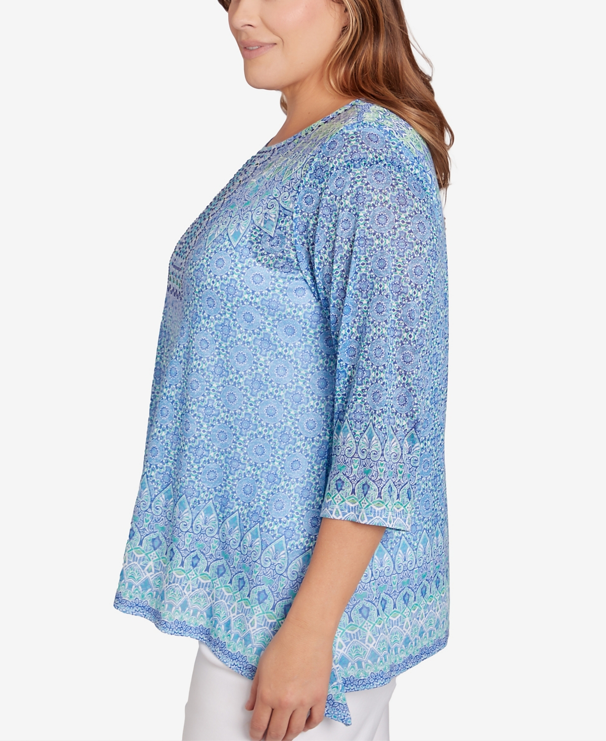 Shop Ruby Rd. Plus Size Burnout Geometric Knit Top In Blue Moon Multi