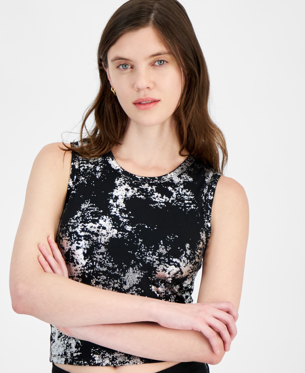 Just Polly Juniors' Foil Ribbed Crewneck Tank