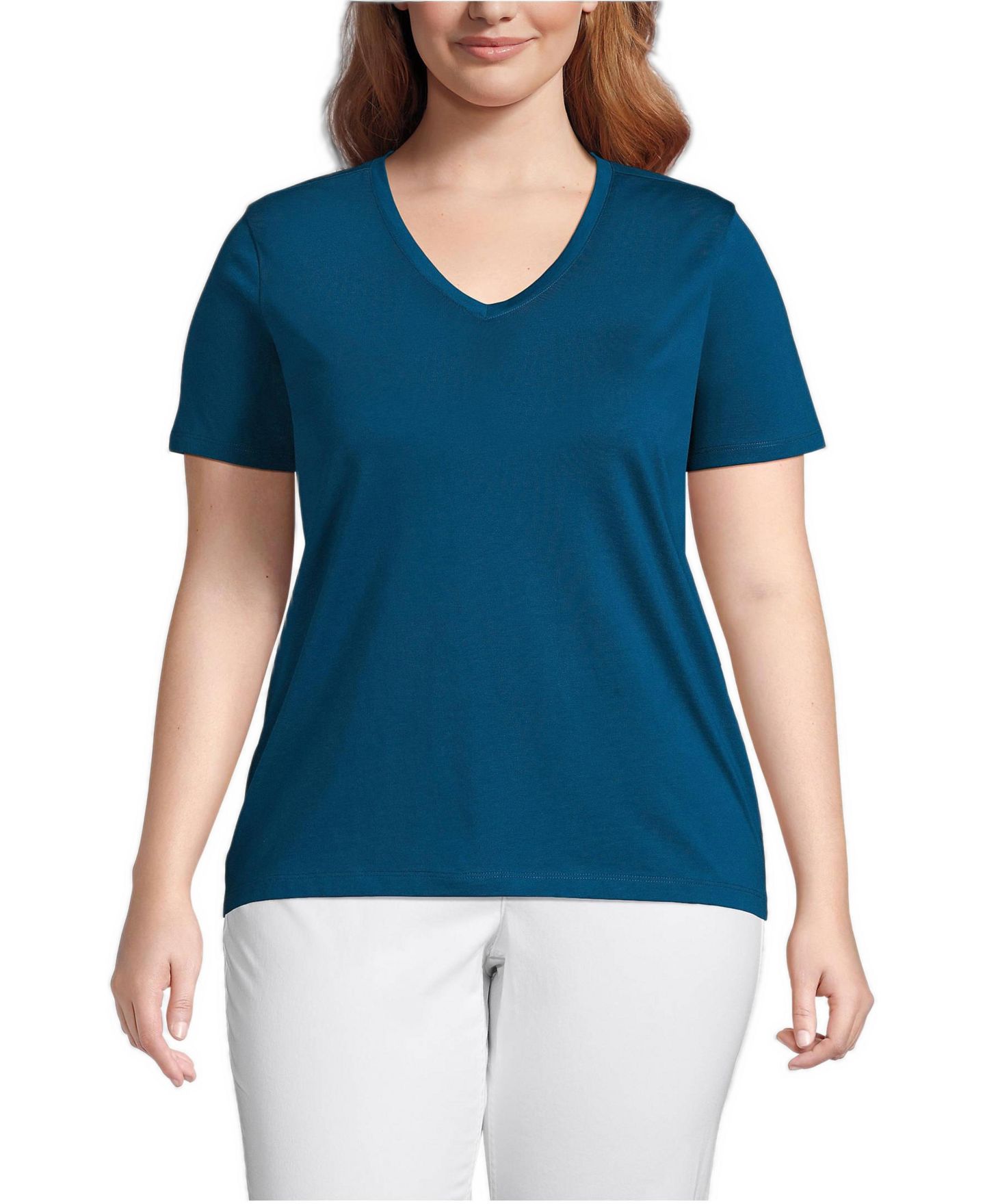 Женская футболка Lands' End Plus Size Relaxed Supima Cotton V-Neck, цвет: Бирюзовый — фото 1
