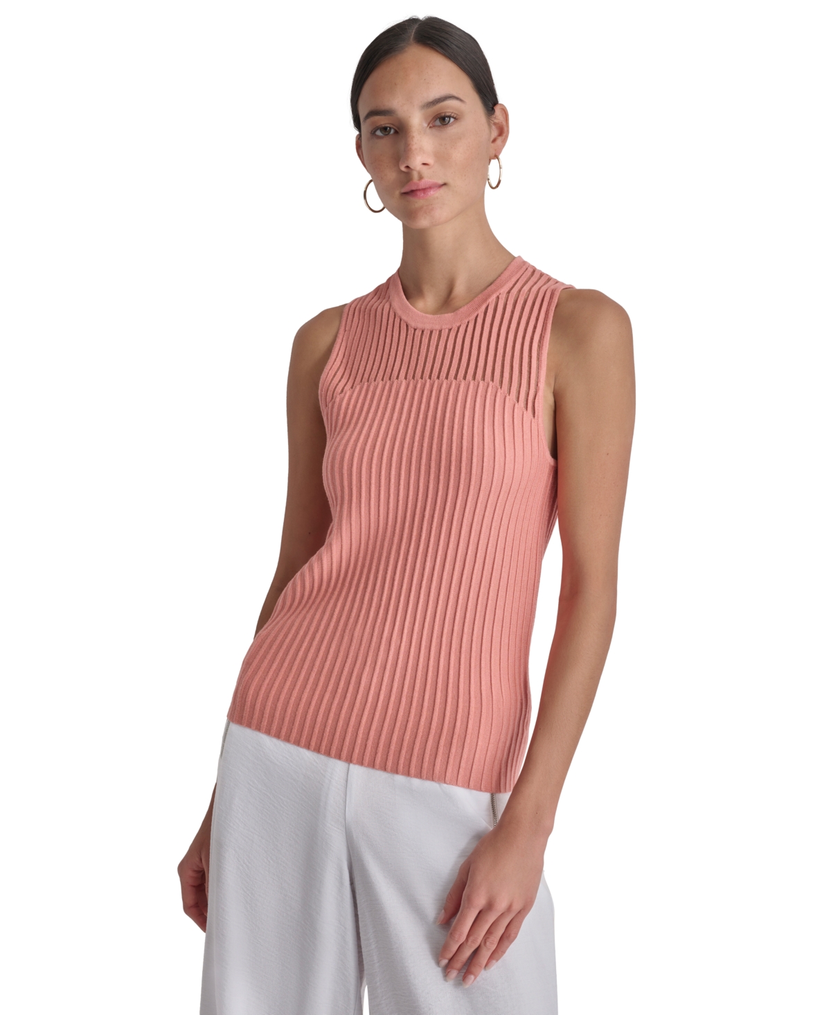 Shop Dkny Women's Round-neck Sleeveless Rib-knit Sweater In Summer Rou