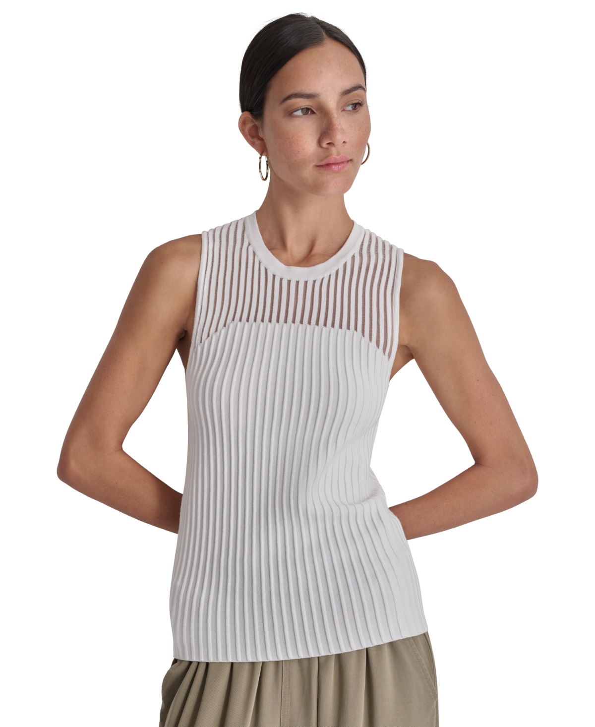 Shop Dkny Women's Round-neck Sleeveless Rib-knit Sweater In White