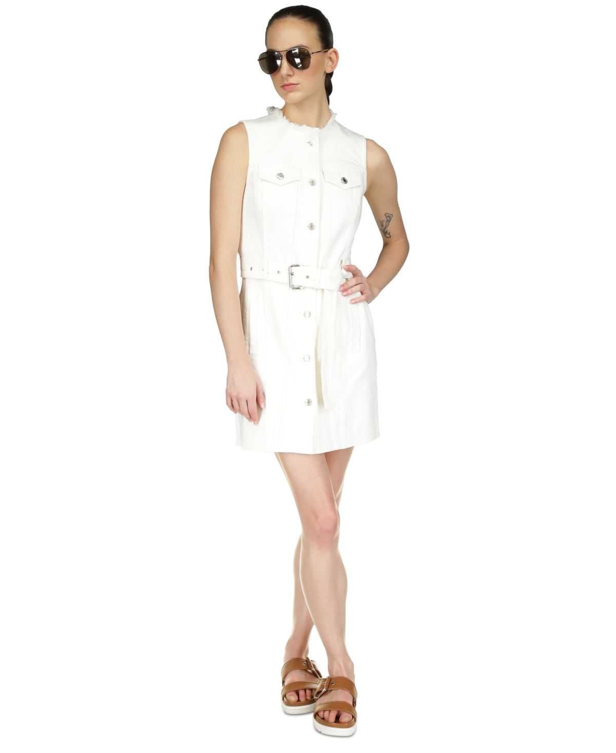 Shop Michael Kors Michael  Women's Frayed-neck Denim Sleeveless Dress In Optic Whit
