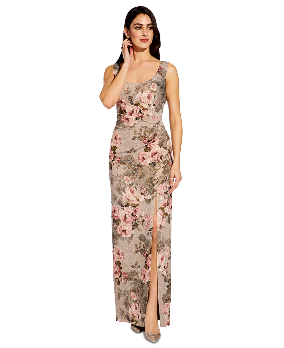 Women's Metallic Floral-Print Column Gown - Beige/Blush Floral