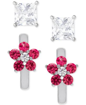 Macy's - 2-Pc. Set Lab Grown Ruby (1/10 ct. t.w.) & Lab Grown White Sapphire (5/8 ct. t.w.) Square Stud & Flower Hoop Earrings in Sterling Silver