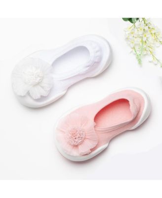 Infant Girl Breathable Washable Non-Slip Sock Shoes Flat - Pompom Flower Pink