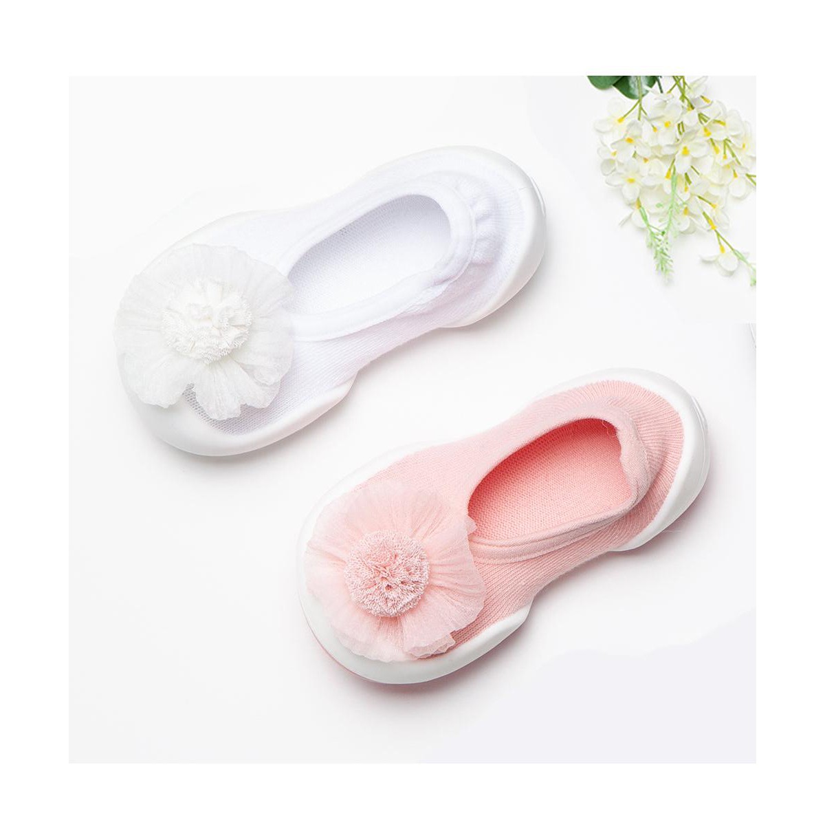 Детские Komuello Infant Girl Breathable Washable Non-Slip Sock Shoes Flat - Pompom Flower Pink — фото 9