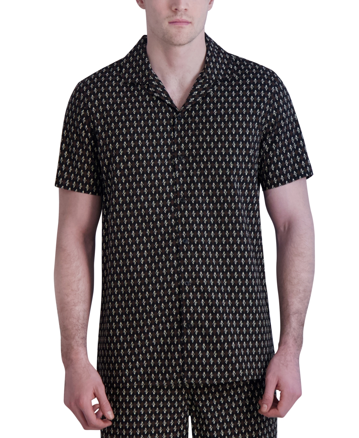 Men's Slim-Fit Diamond Grid Logo-Print Button-Down Camp Shirt, Created for Macy's - Brown