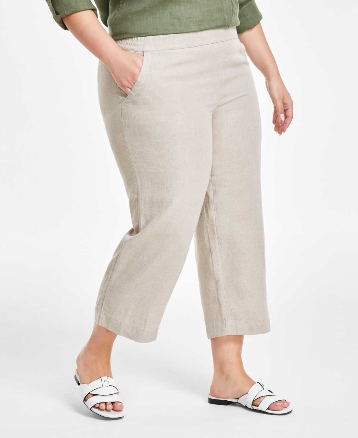 Plus Size 100% Linen Cropped Pants, Created for Macy's - Flax
