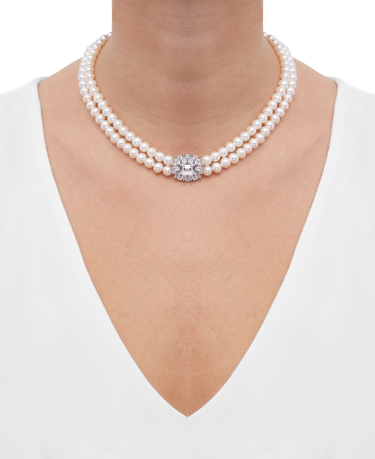 Shop Arabella Freshwater Pearl (5-6mm) & Cubic Zirconia Double Strand 17" Collar Necklace In Sterling Silver