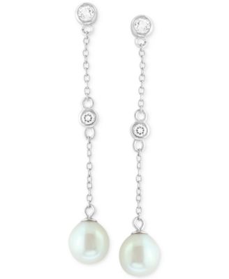 EFFY&reg; Freshwater Pearl (7mm) & White Topaz (1/5 ct. t.w.) Linear Drop Earrings in Sterling Silver