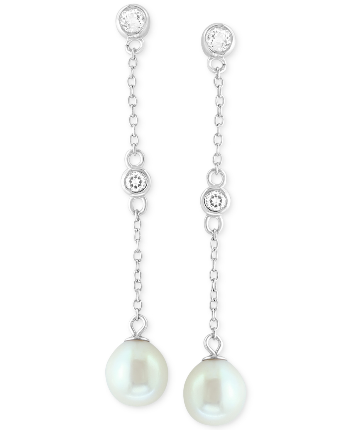 Effy Freshwater Pearl (7mm) & White Topaz (1/5 ct. t.w.) Linear Drop Earrings in Sterling- Silver