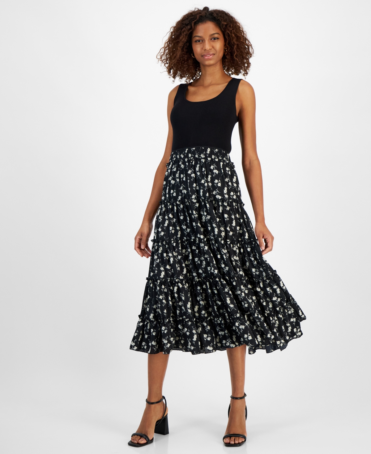 Women's Tiered Midi Dress - Black/flor