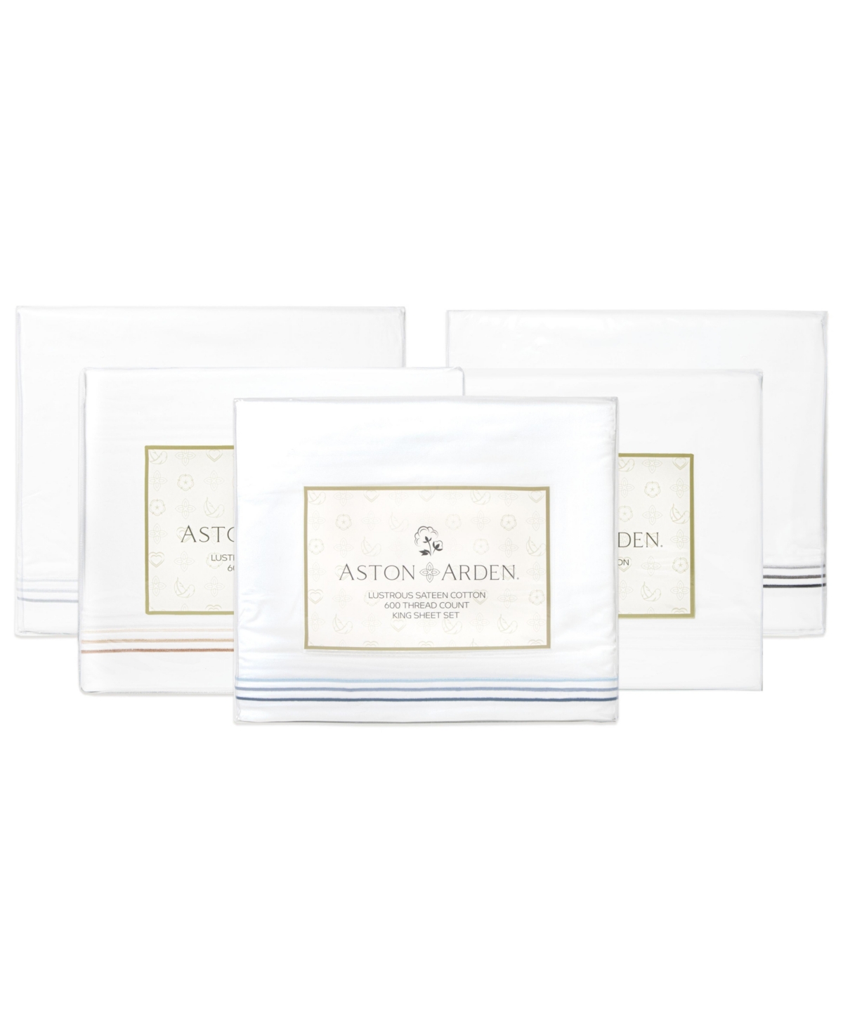 Aston and Arden Sateen Sheet Set, 1 Flat Sheet, 1 Fitted Sheet, 2 Pillowcases, 600 Thread Count, Sateen Cotton, Pristine White with Fine Baratta