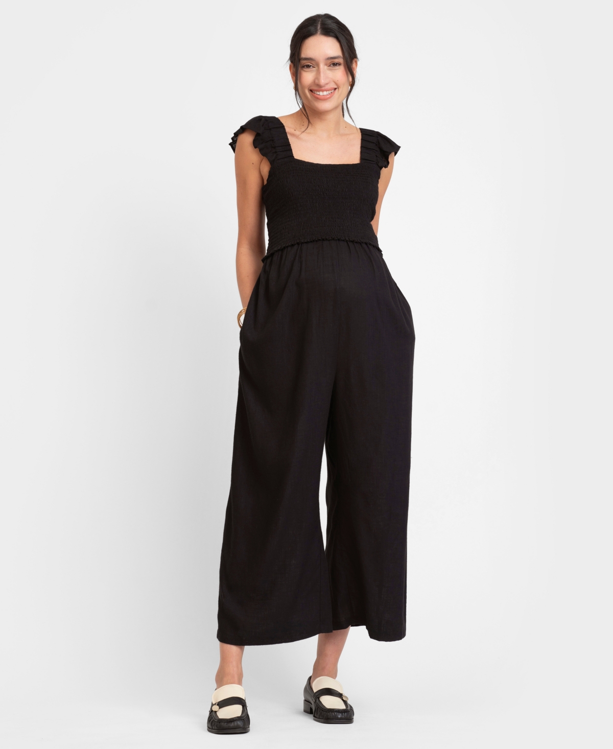 Shop Seraphine Women's Linen-blend Maternity-to-nursing Jumpsuit In Black