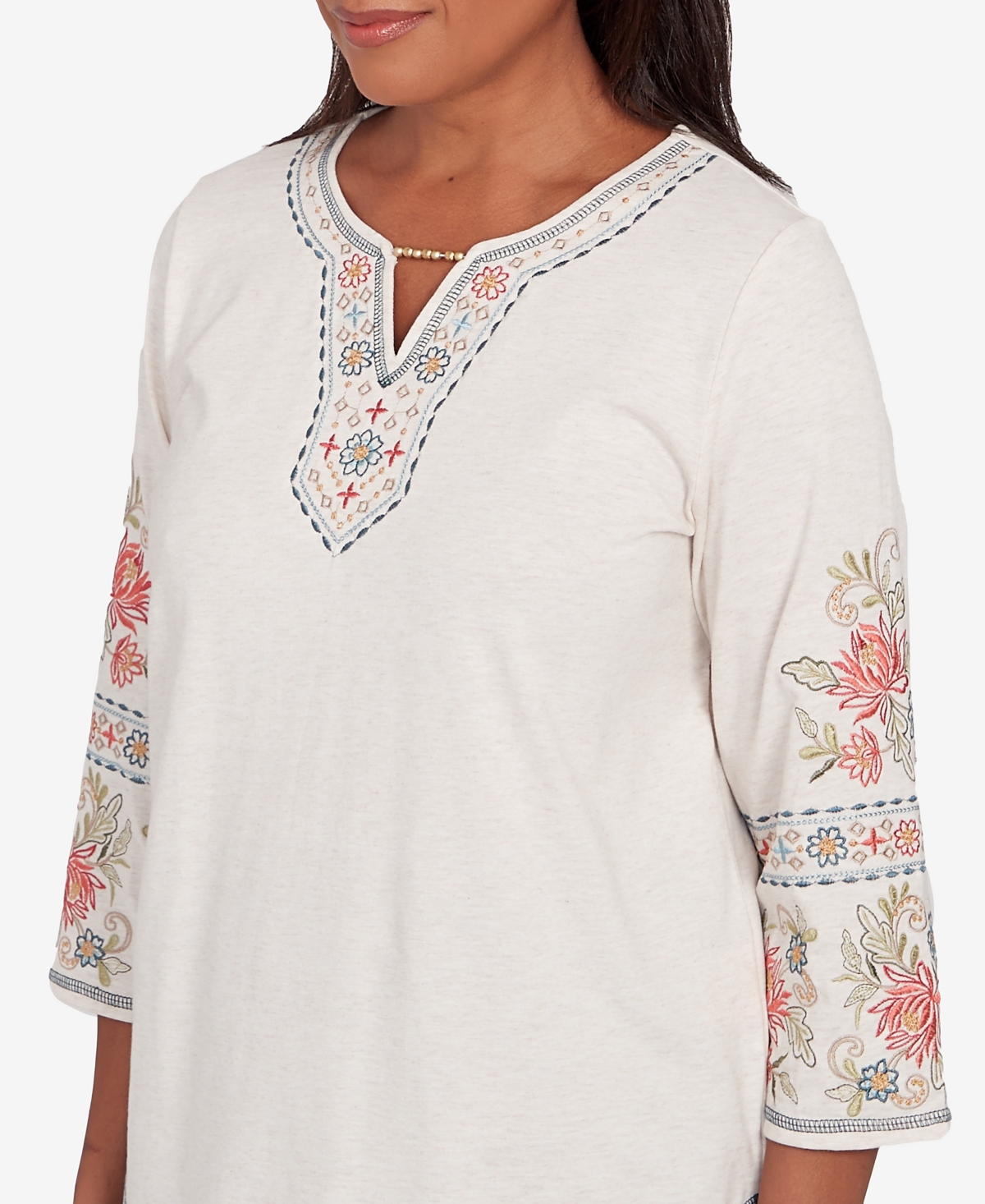 Shop Alfred Dunner Sedona Sky Women's Sedona Split Neck Embroidered Top In Oatmeal