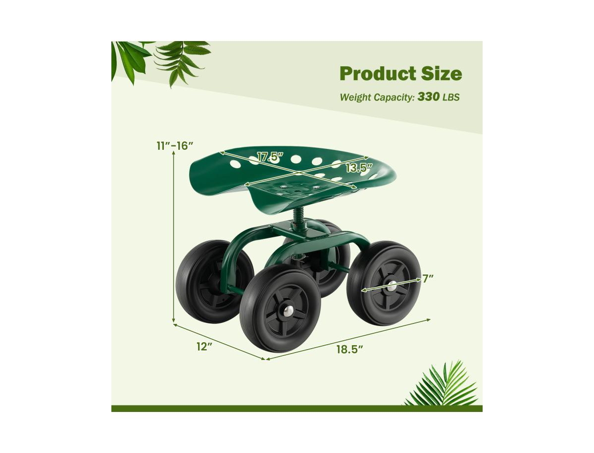 Slickblue Garden Rolling Workseat with 360°Swivel Seat and Adjustable Height- Green