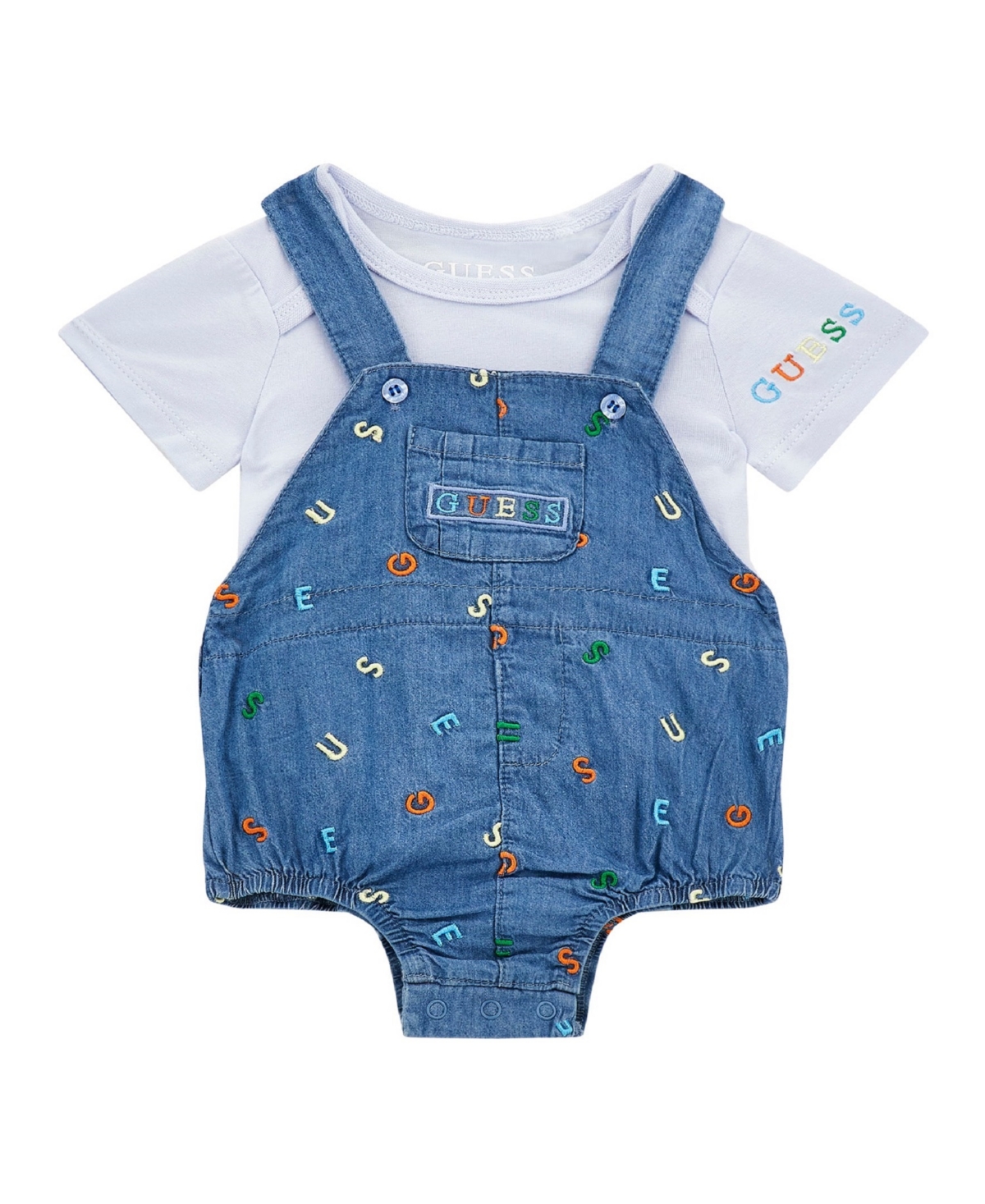 Guess Babies' Embroidered Denim Romper Set In Astral Pale Blue