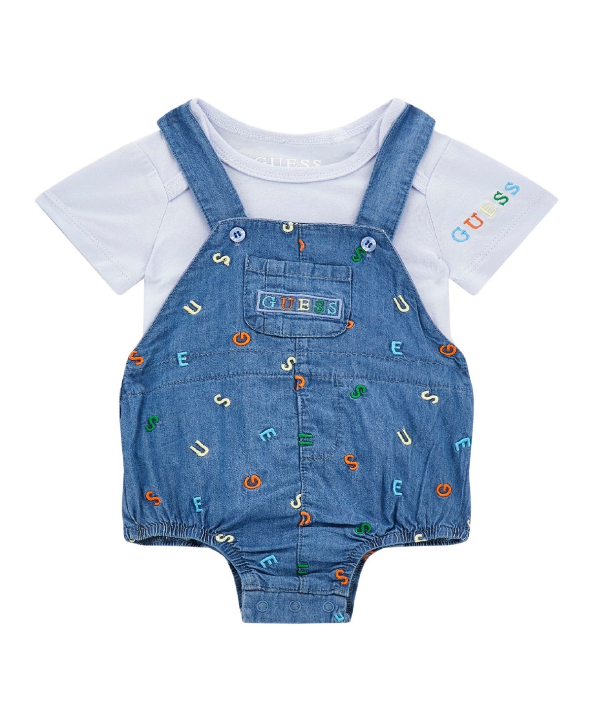 Shop Guess Baby Boy Short Sleeve Bodysuit And Embroidered Bubble In Astral Pale Blue