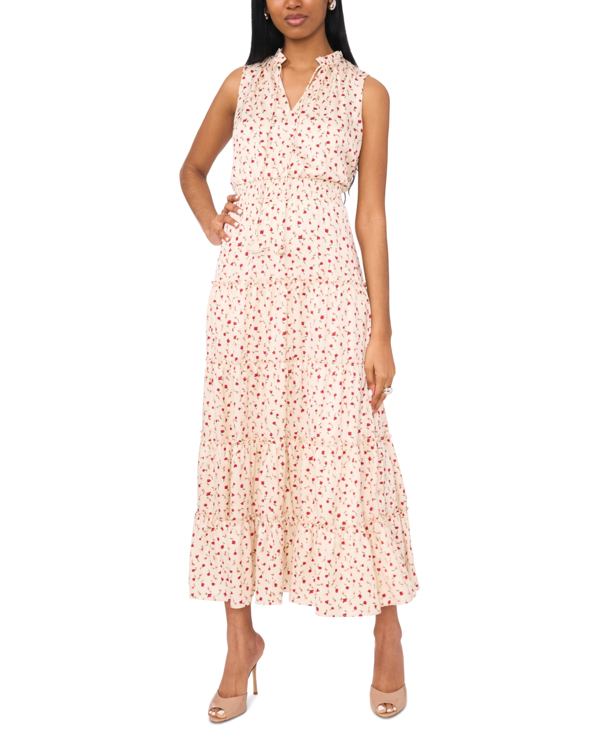 Women's Printed Tie-Neck Tiered Maxi Dress - New Ivory