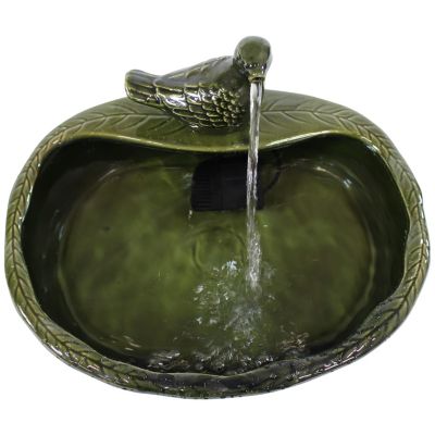 Outdoor Solar Powered Glazed Ceramic Dove Water Fountain with Submersible Pump and Filter - 7" - Green