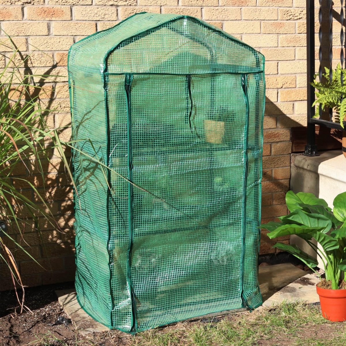 Sunnydaze Decor Iron Pvc Cover Mini Greenhouse with 3 Shelves/Zipper -- Green