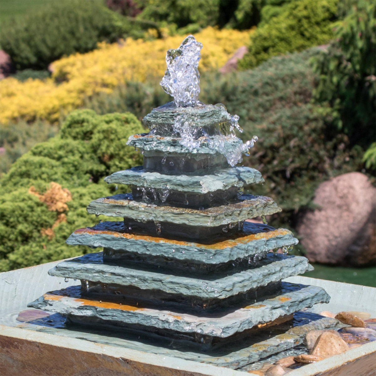 Sunnydaze Decor Layered Slate Pyramid Water Fountain with Led Lights -
