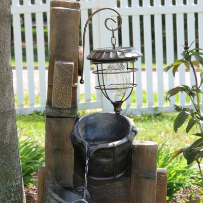 34-Inch Rustic Pouring Buckets Outdoor Water Fountain with Solar Light