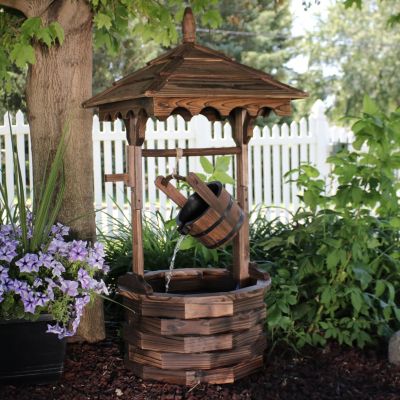 Old-Fashioned Wooden Wishing Well Water Fountain - Outdoor Garden Fountain Waterfall Feature - 48 Inch Tall