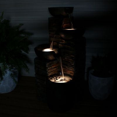 Staggered Bowls 34-Inch Outdoor Water Fountain - LED Lights -Electric Submersible Pump with Adjustable Flow