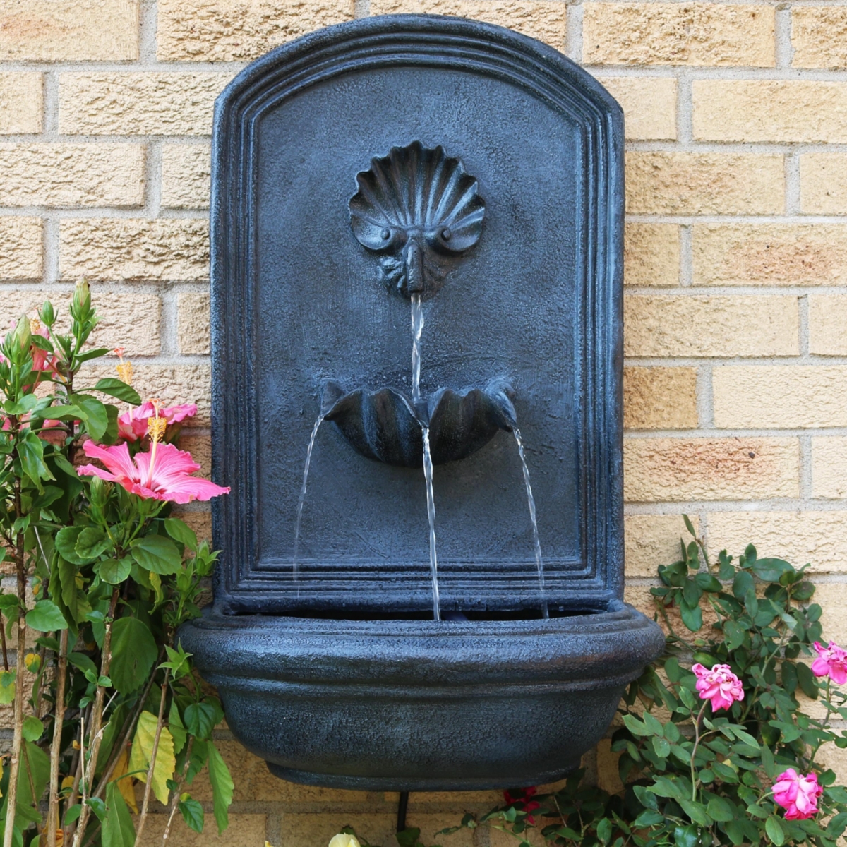 Seaside 27-Inch Solar Wall Water Fountain with Battery Backup - Lead Finish