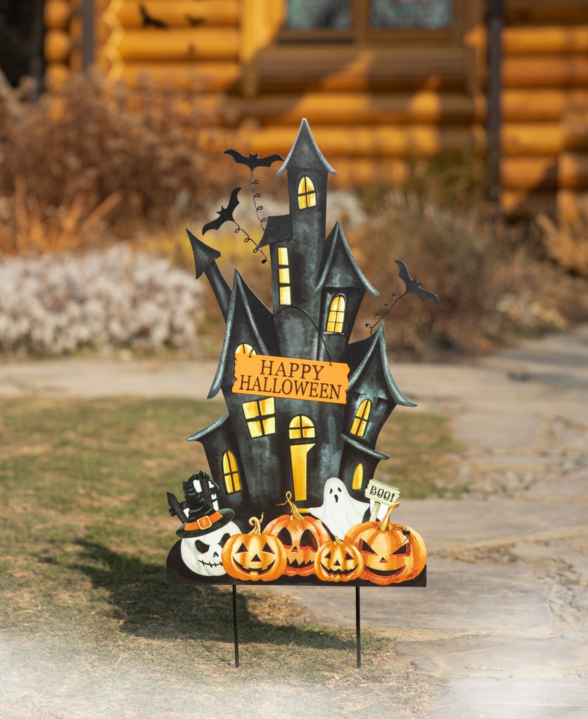 Glitzhome 32"h Halloween Metal Haunted House Yard Stake In Multi