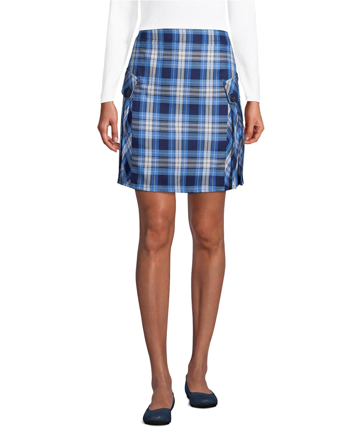 Women's School Uniform Side Pleat Plaid Skort Above the Knee - Evergreen/white plaid