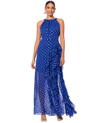 Petite Printed Ruffled Halter Gown