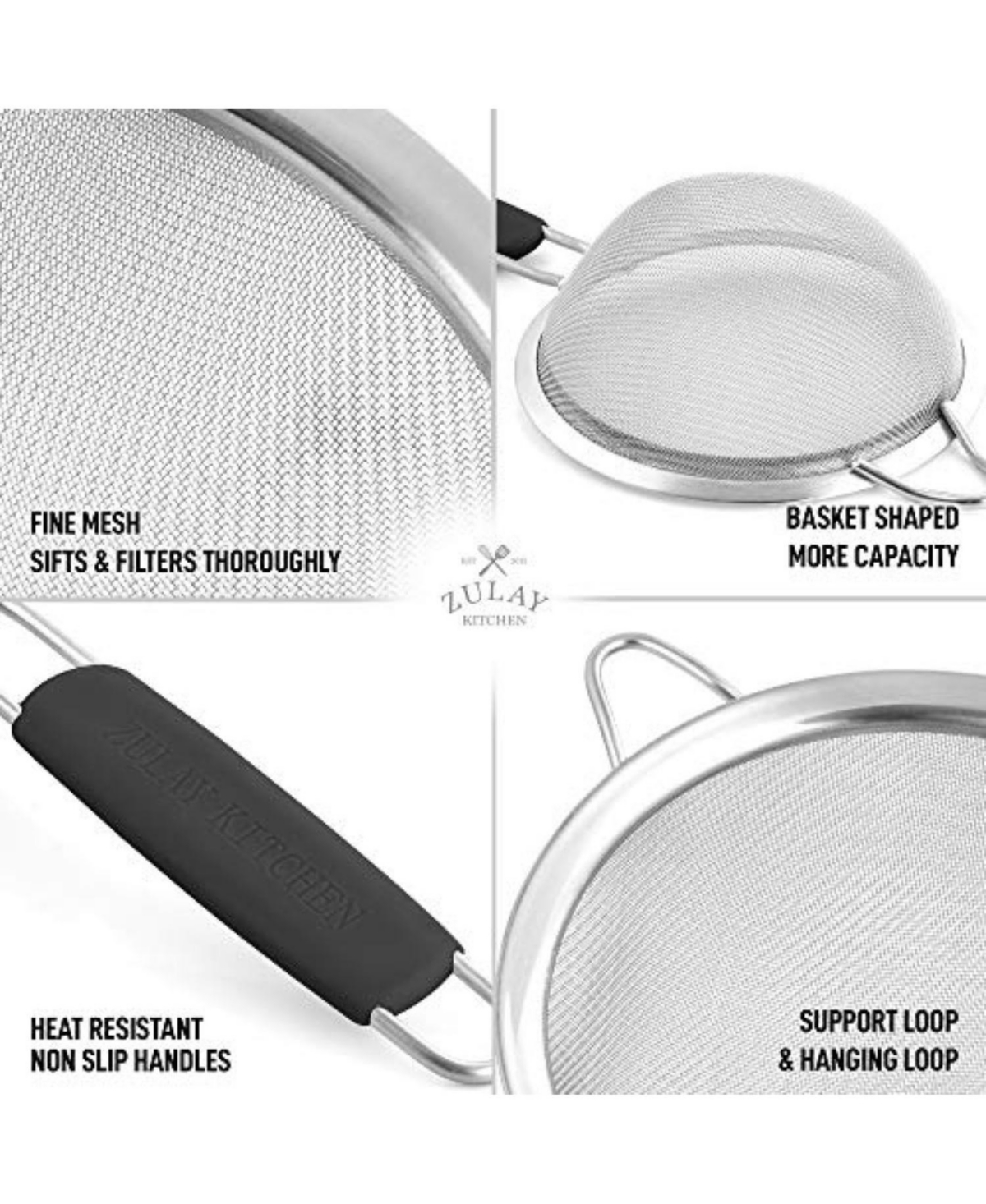 Zulay Kitchen Premium Stainless Steel Fine Mesh Strainer - Strainers For Kitchen (Set of 3) With Non-Slip Handles