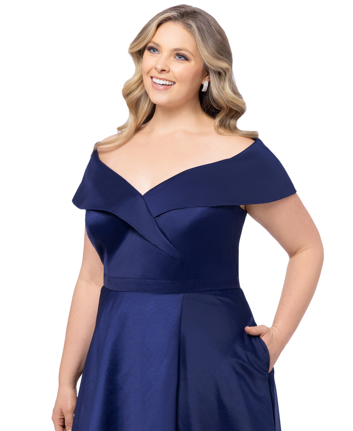 Shop Xscape Plus Size Off-the-shoulder Organza Gown In Navy