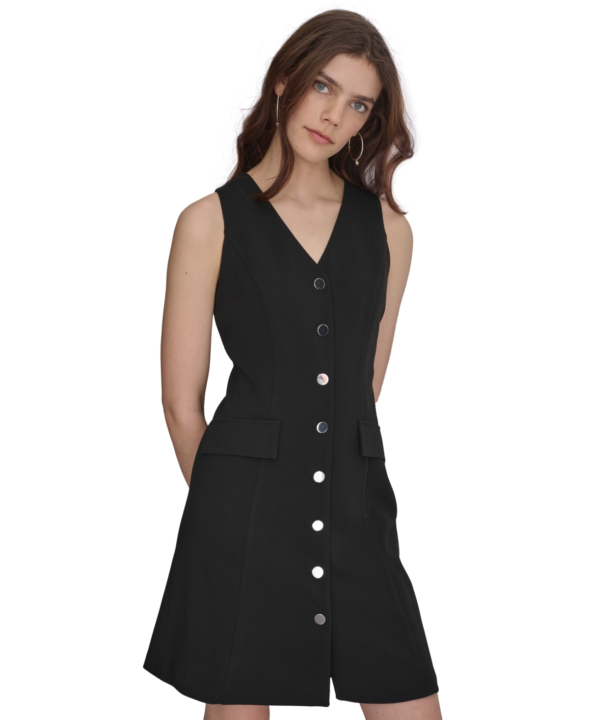 Shop Dkny Women's V-neck Sleeveless A-line Dress In Black
