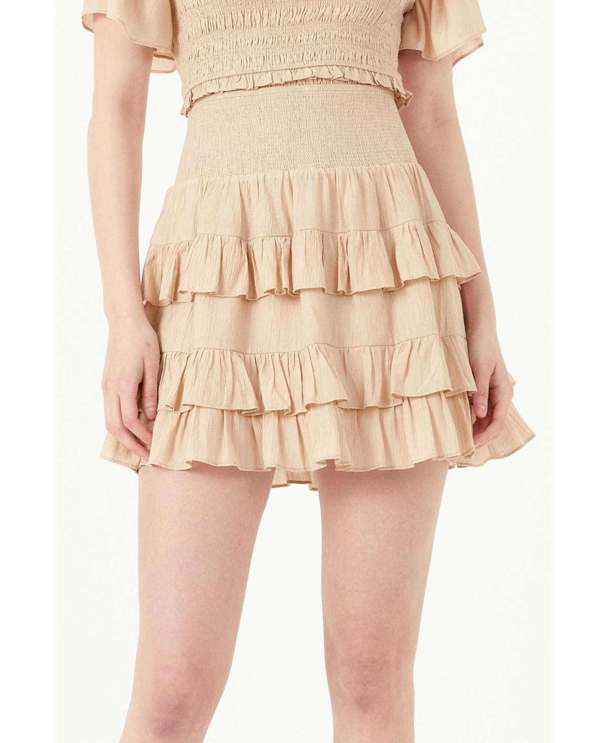 Women's Smocked Ruffled Mini Skirt - Beige