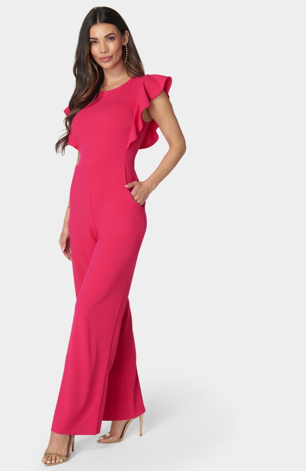 Bebe Women's Scuba Crepe Jumpsuit With Ruffle Sleeve