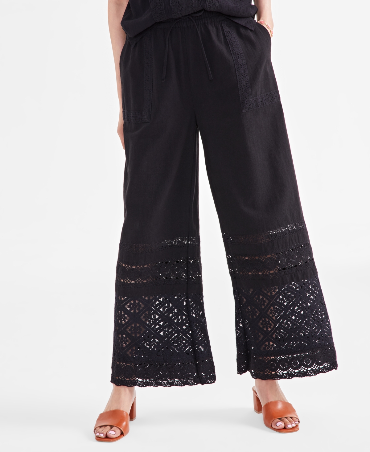 Style & Co Women's Cotton Crochet Wide-Leg Pull-On Pants, Created for Macy's
