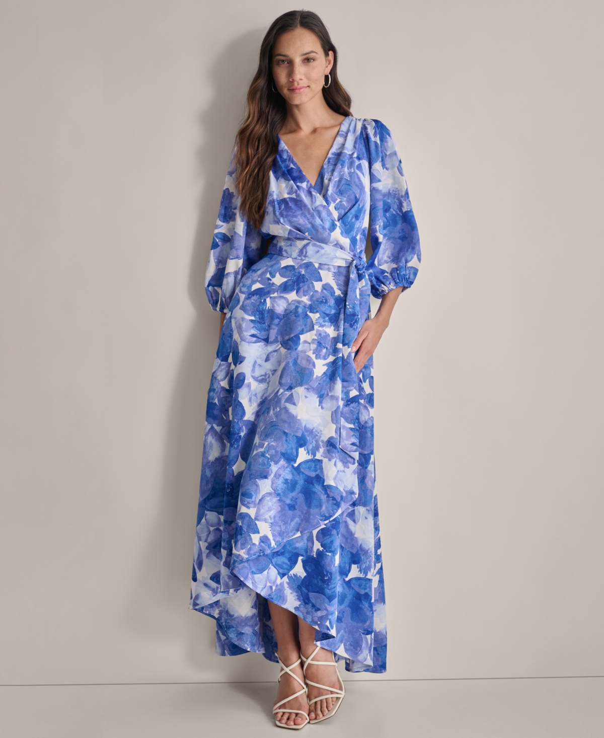 Shop Dkny Women's Satin 3/4-sleeve High-low Dress In Iris Multi