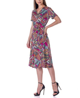 Print Short Sleeve Tie Waist Midi Dress