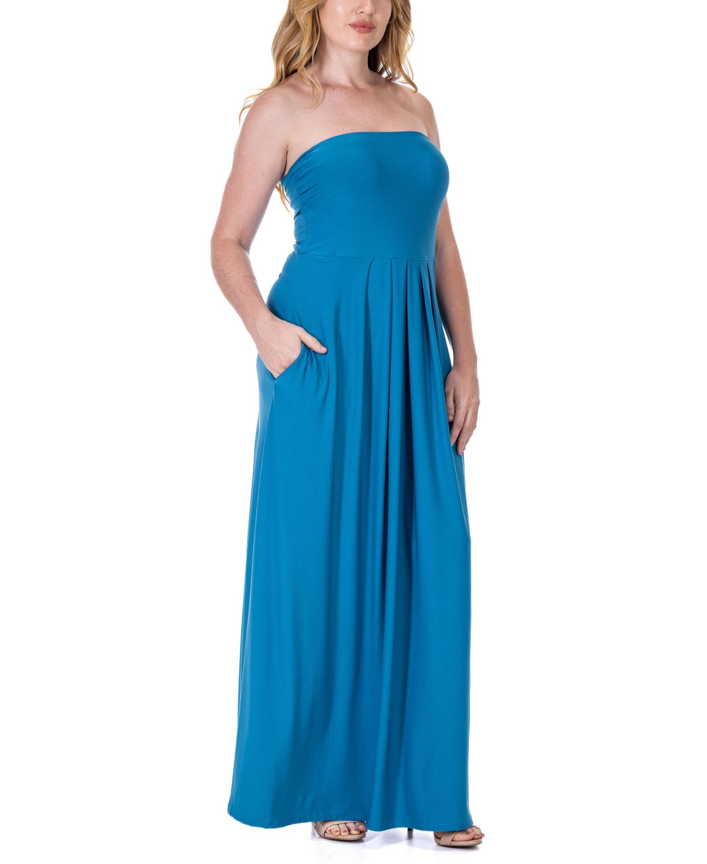 Женское платье 24seven Comfort Apparel Pleated A Line Strapless Maxi Pocket, цвет: Чёрный — фото 4
