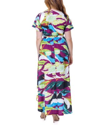 Print V Neck Belted High Low Faux Wrap Dress
