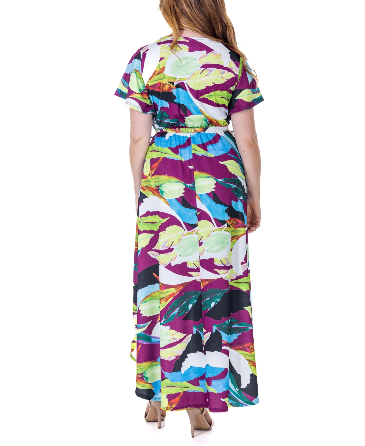 Shop 24seven Comfort Apparel Print V Neck Belted High Low Faux Wrap Dress In Miscellane