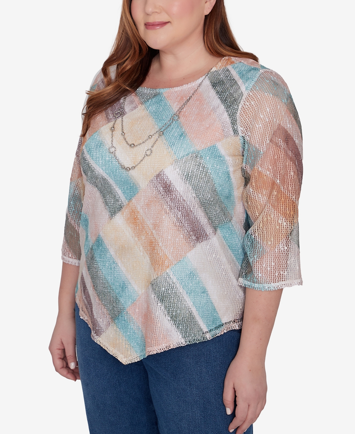 Alfred Dunner Plus Size Scottsdale Stained Glass Popcorn Top With Necklace