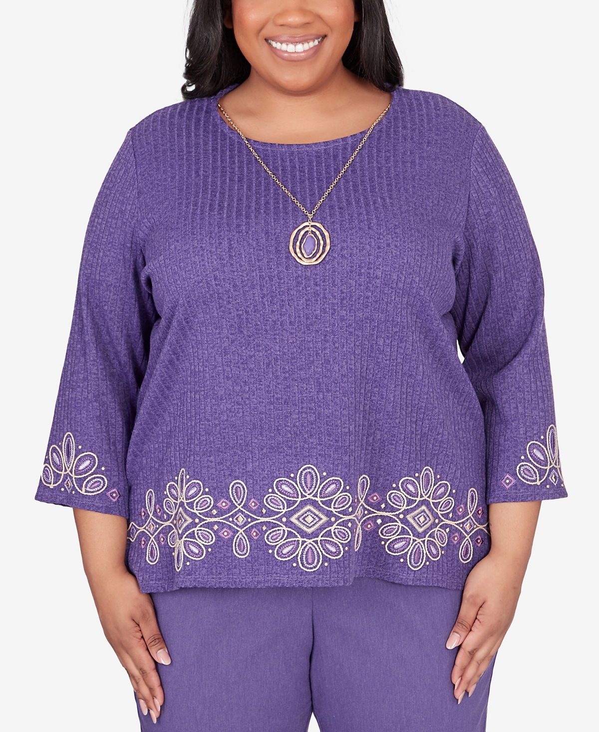 Plus Size Charm School Embroidered Medallion Top with Necklace - Iris