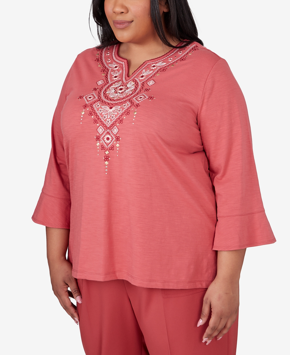 Shop Alfred Dunner Plus Size Sedona Sky Split Neck Floral Embroidered Top In Clay