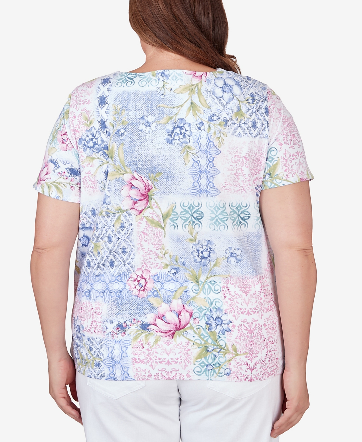 Shop Alfred Dunner Plus Size Patchwork Floral Braided Neck Tee In Pastel