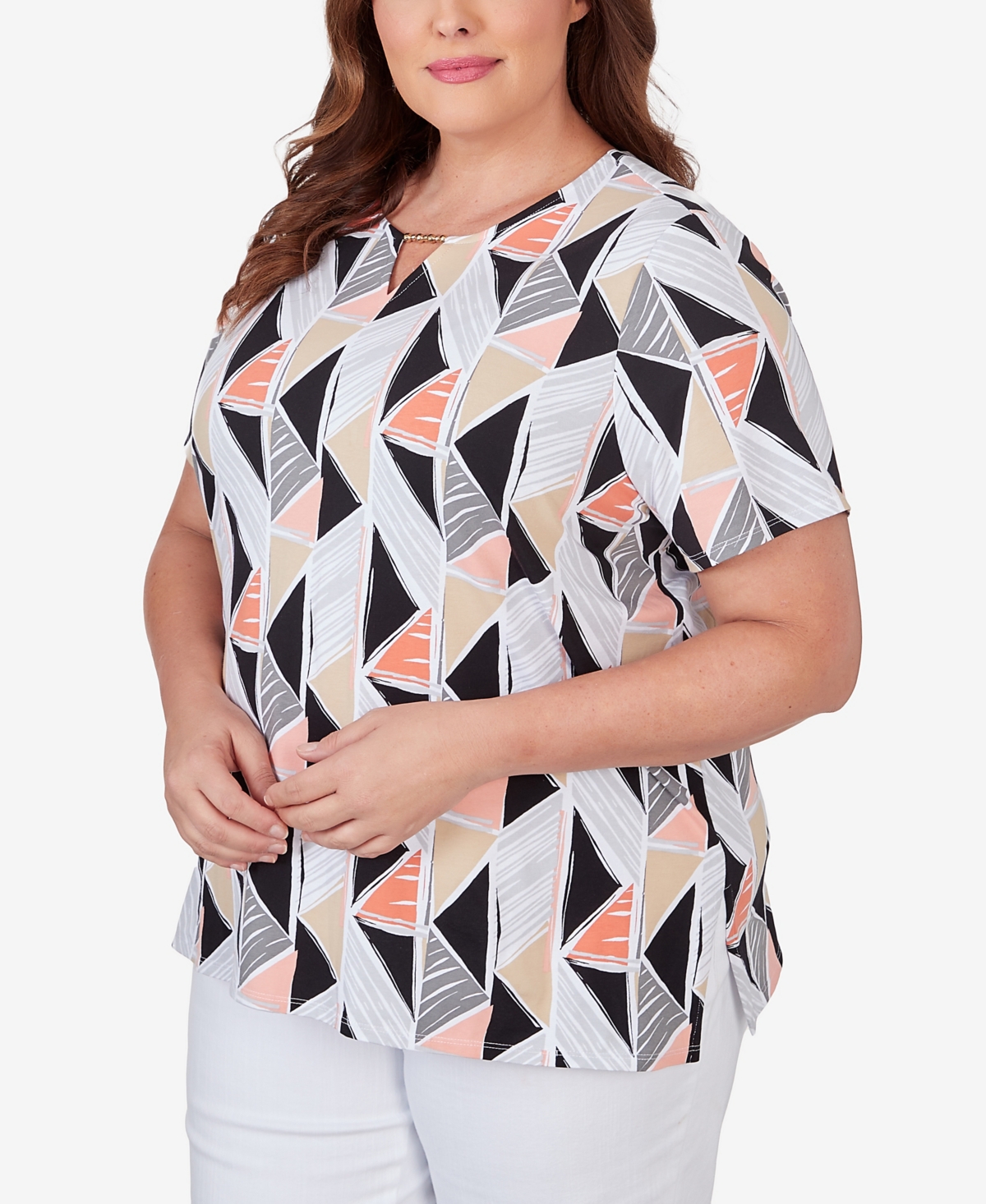 Shop Alfred Dunner Plus Size Geo Stained Glass Split Neck Tee In Multi